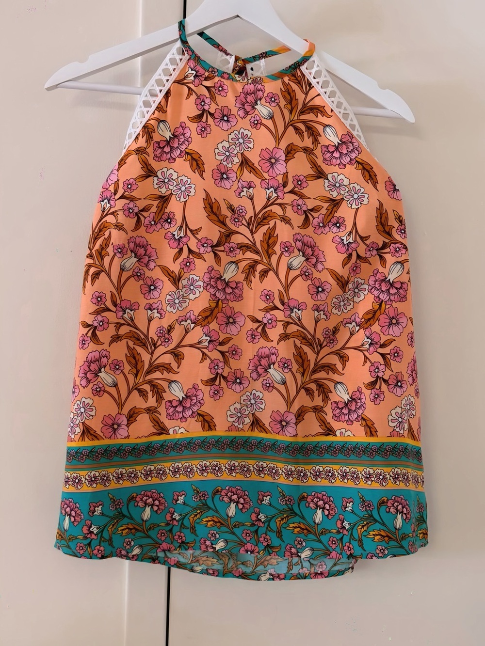 Cupshe Peach Floral Halter Tank with Teal Border